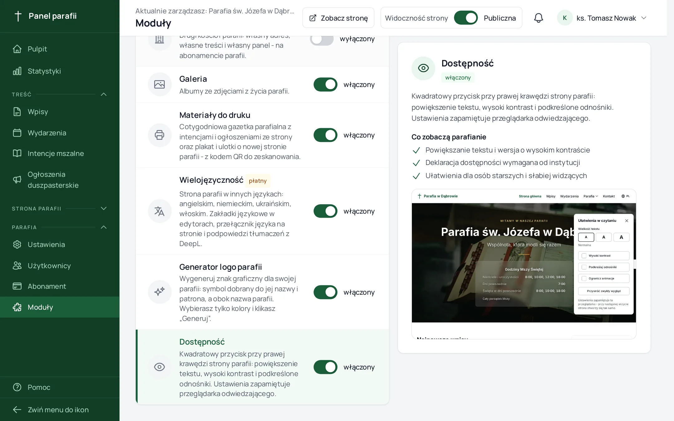 moduł Dostępność na liście modułów