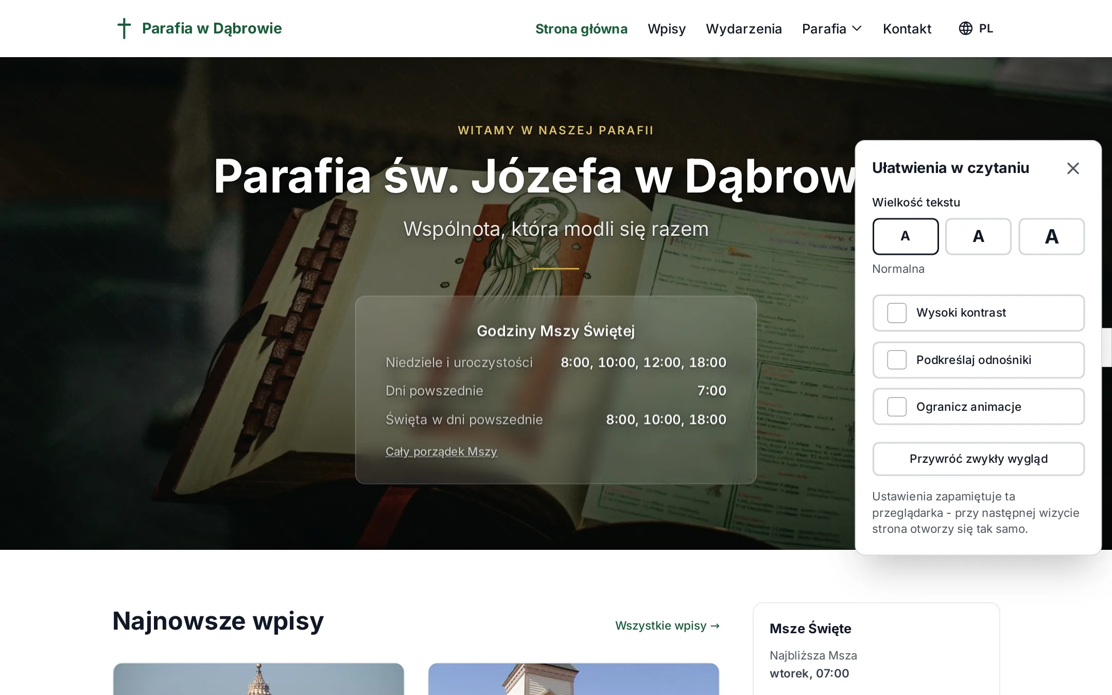 panel ułatwień otwarty na stronie parafii