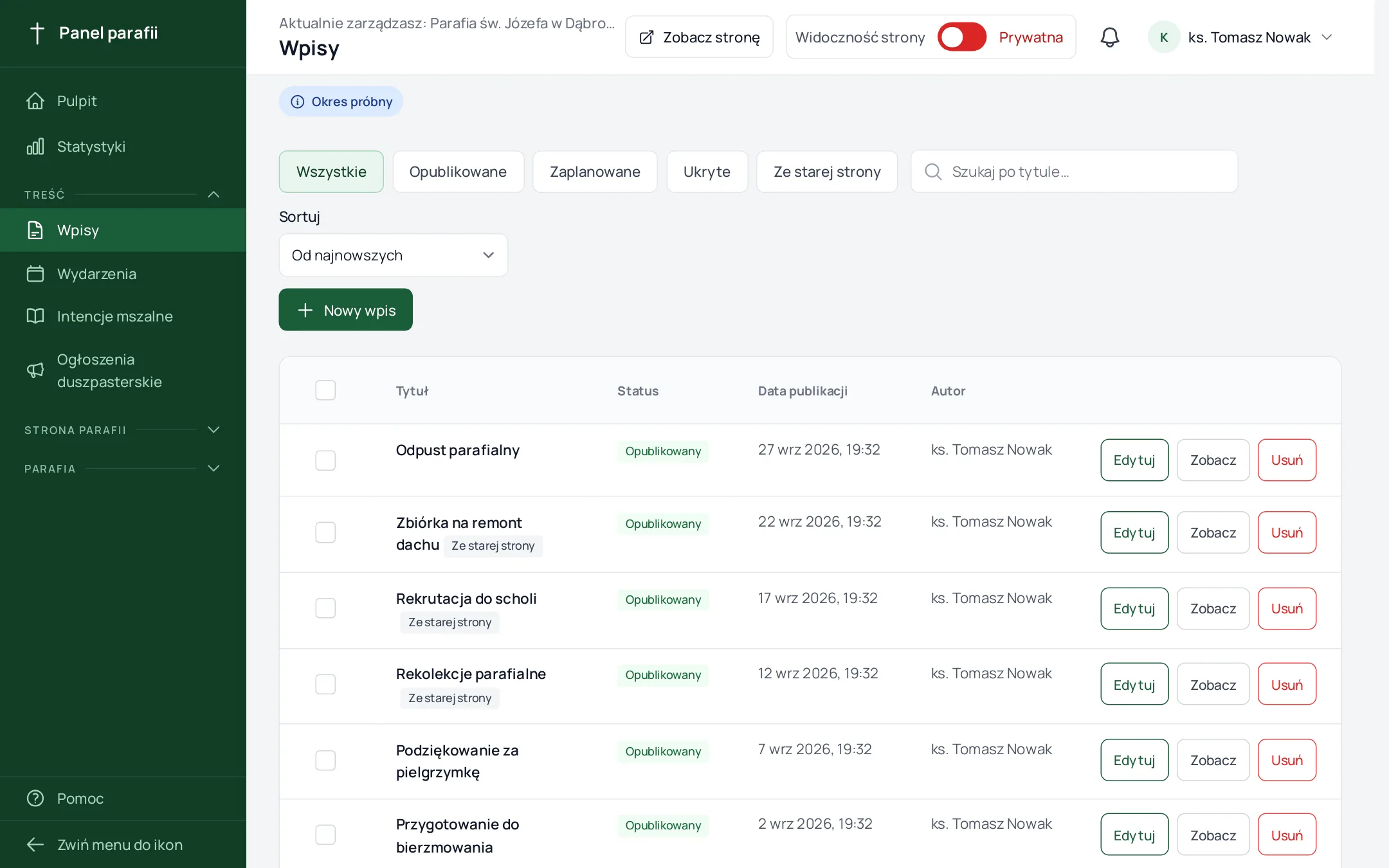 lista wpisów z etykietą „Ze starej strony” i zakładką filtrującą