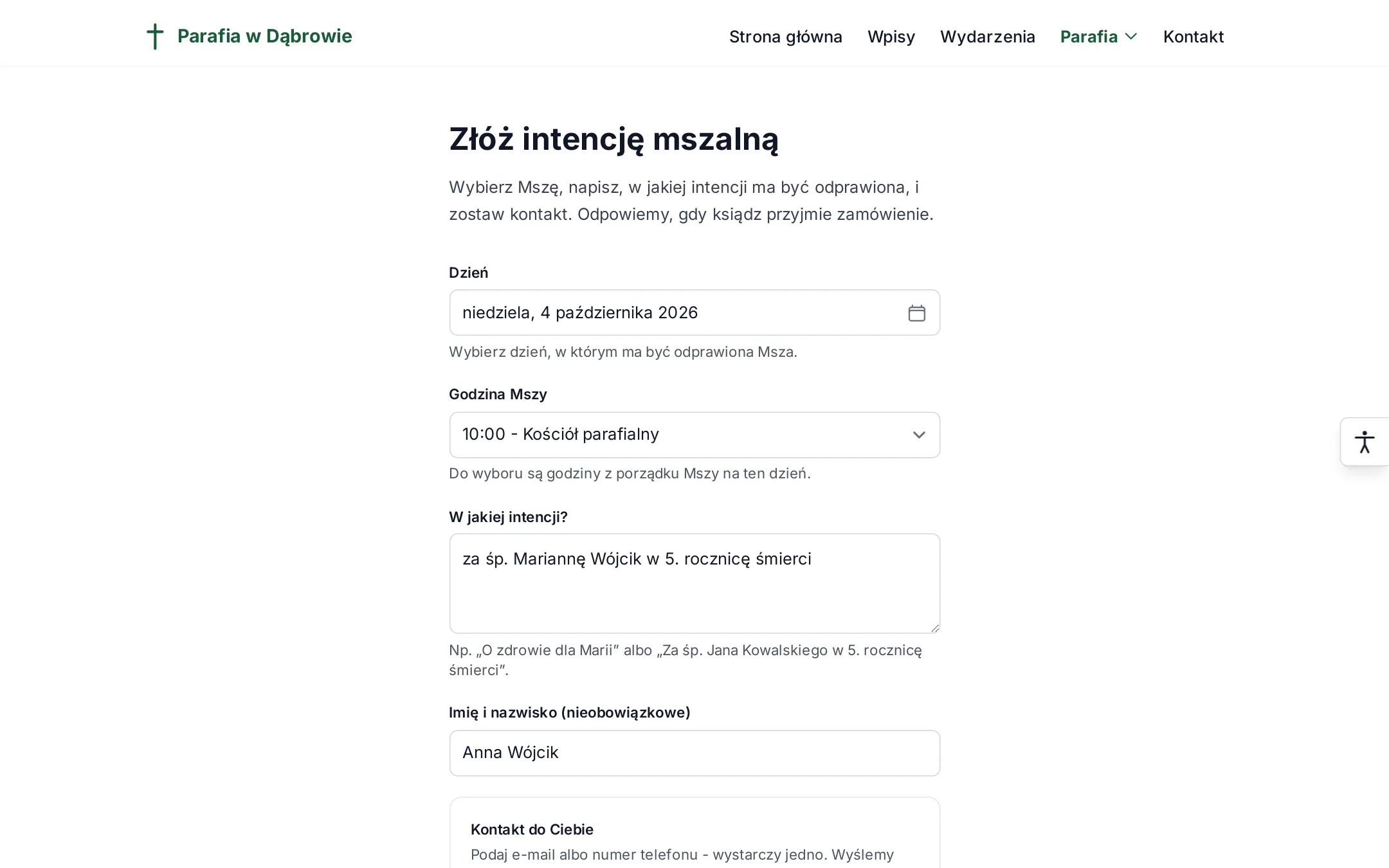 formularz „Złóż intencję” na stronie parafii