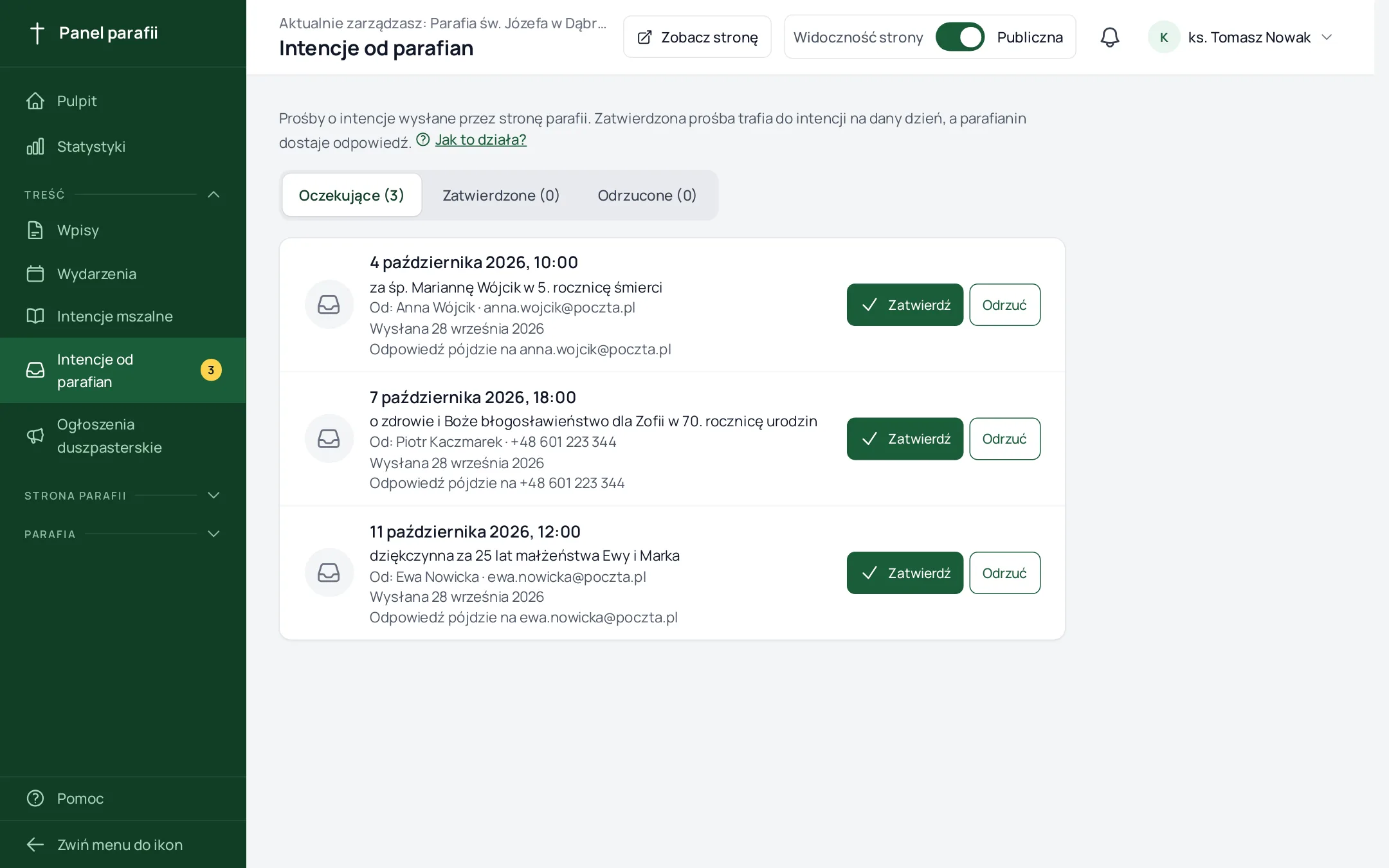lista oczekujących próśb z przyciskami Zatwierdź i Odrzuć