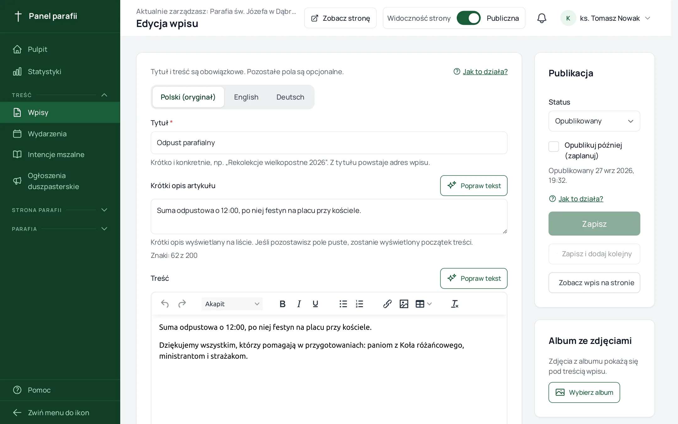 edytor wpisu z zakładkami Polski, English, Deutsch
