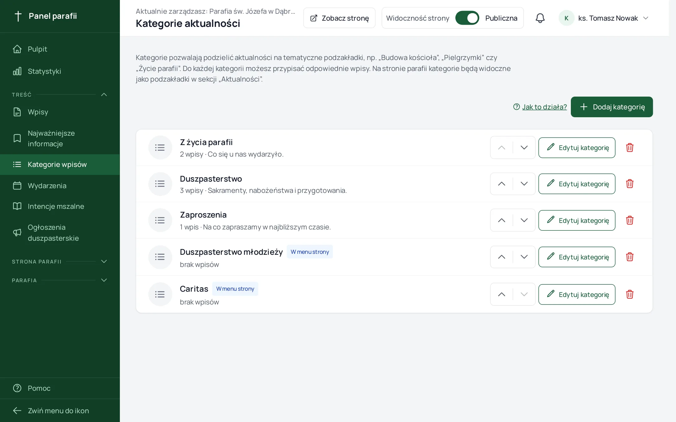 lista kategorii wpisów w panelu