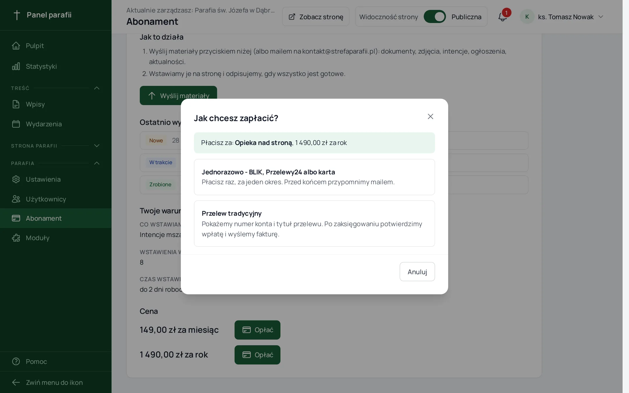 okno „Jak chcesz zapłacić?” dla opieki nad stroną