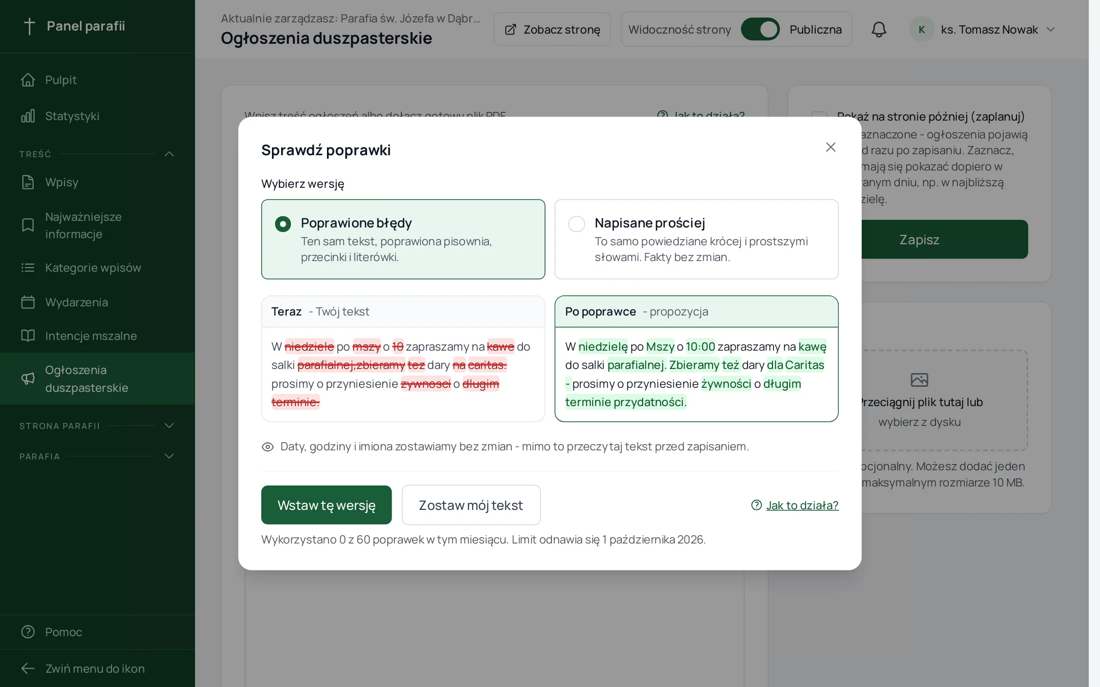 okno z porównaniem „Teraz” i „Po poprawce”