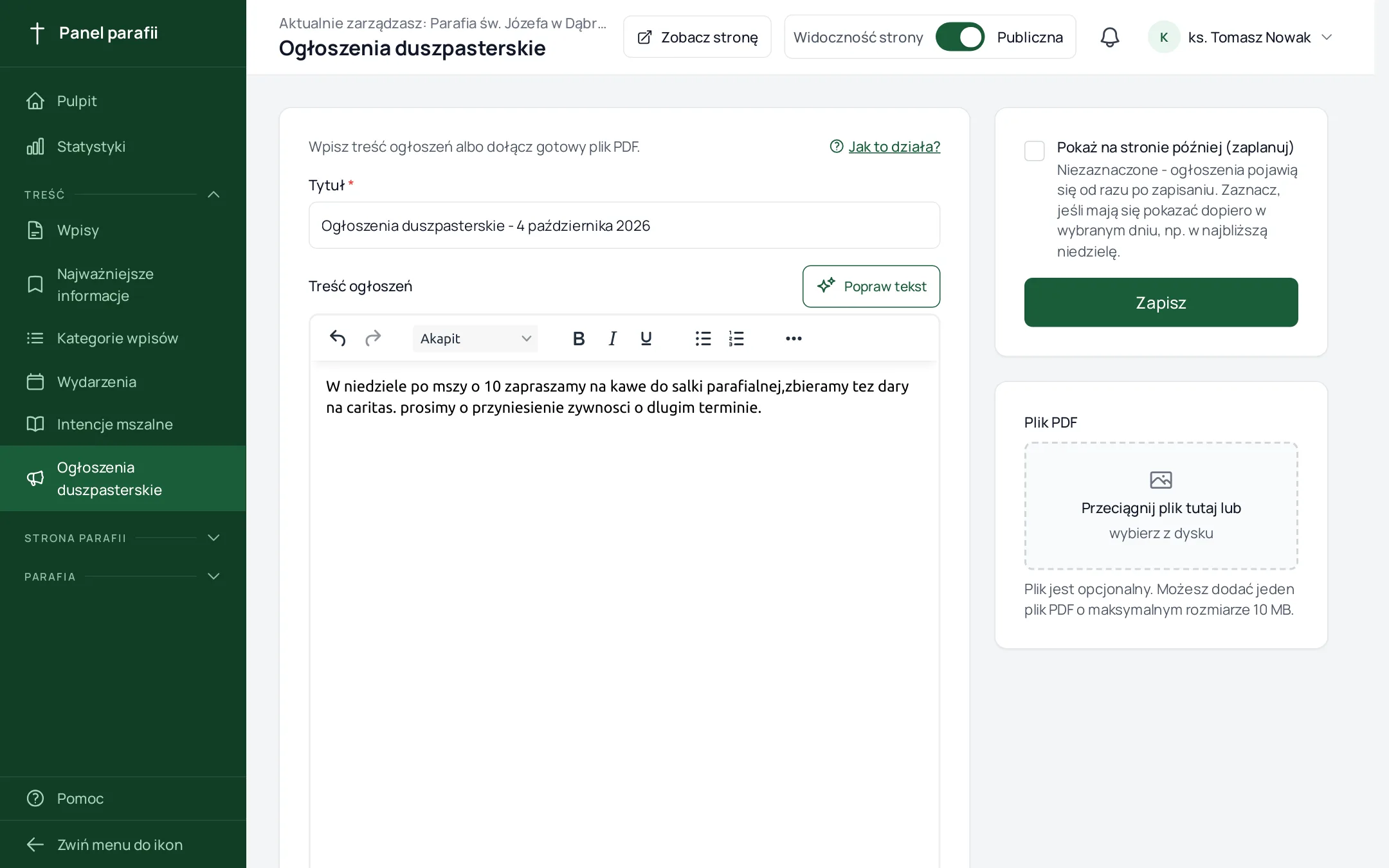 przycisk „Popraw tekst” pod polem treści ogłoszenia
