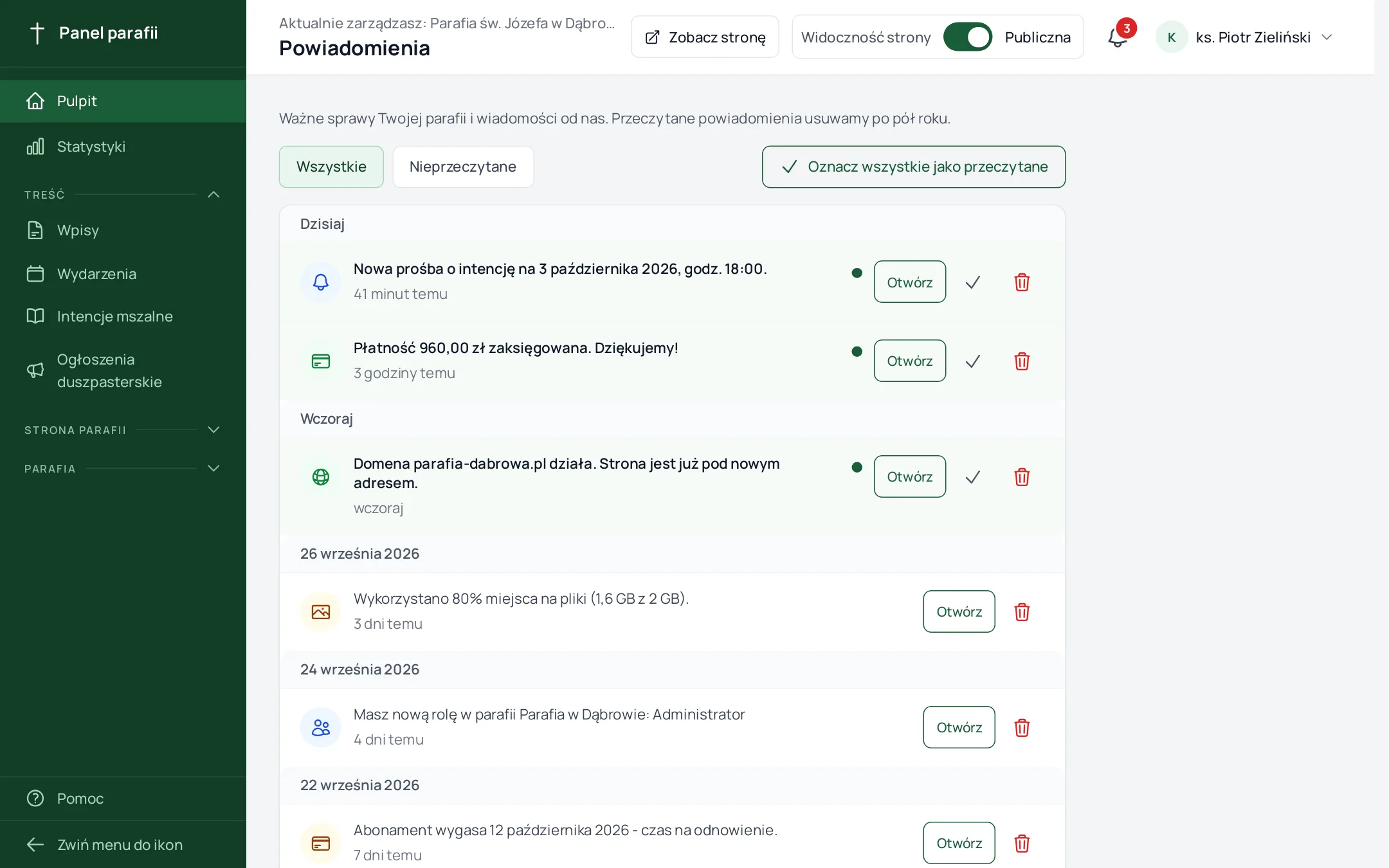 strona Powiadomienia z podziałem na dni