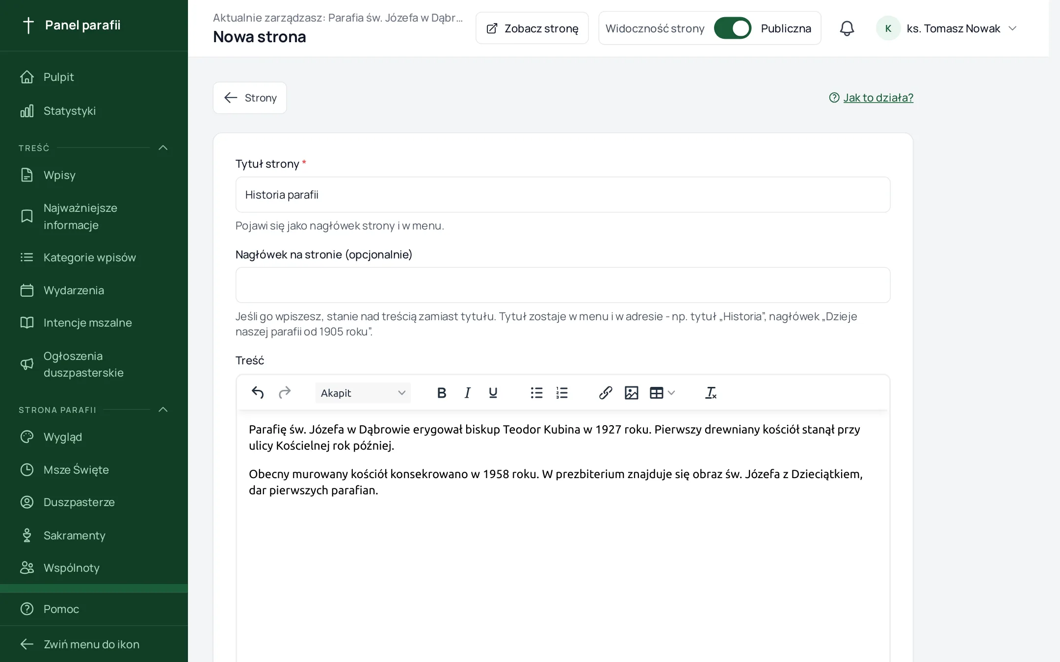 formularz nowej strony z tytułem i edytorem