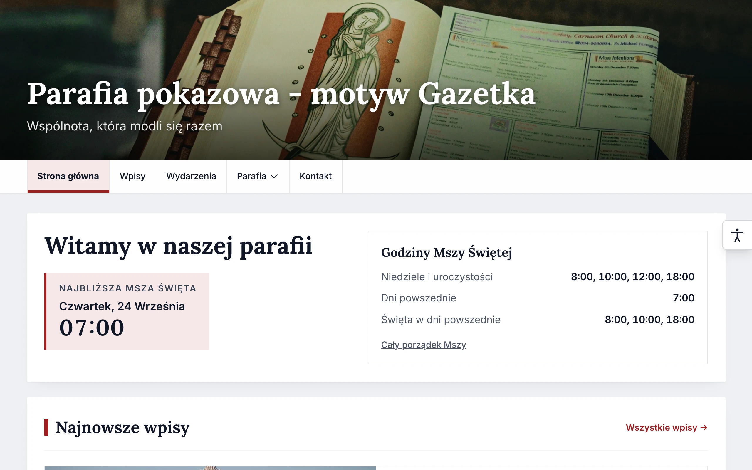 Strona internetowa parafii w motywie Gazetka na ekranie komputera
